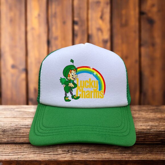 Lucky Charms Mens Trucker Hat Green Snapback Retro Vintage 80s Cereal Ball Cap - Picture 1 of 4